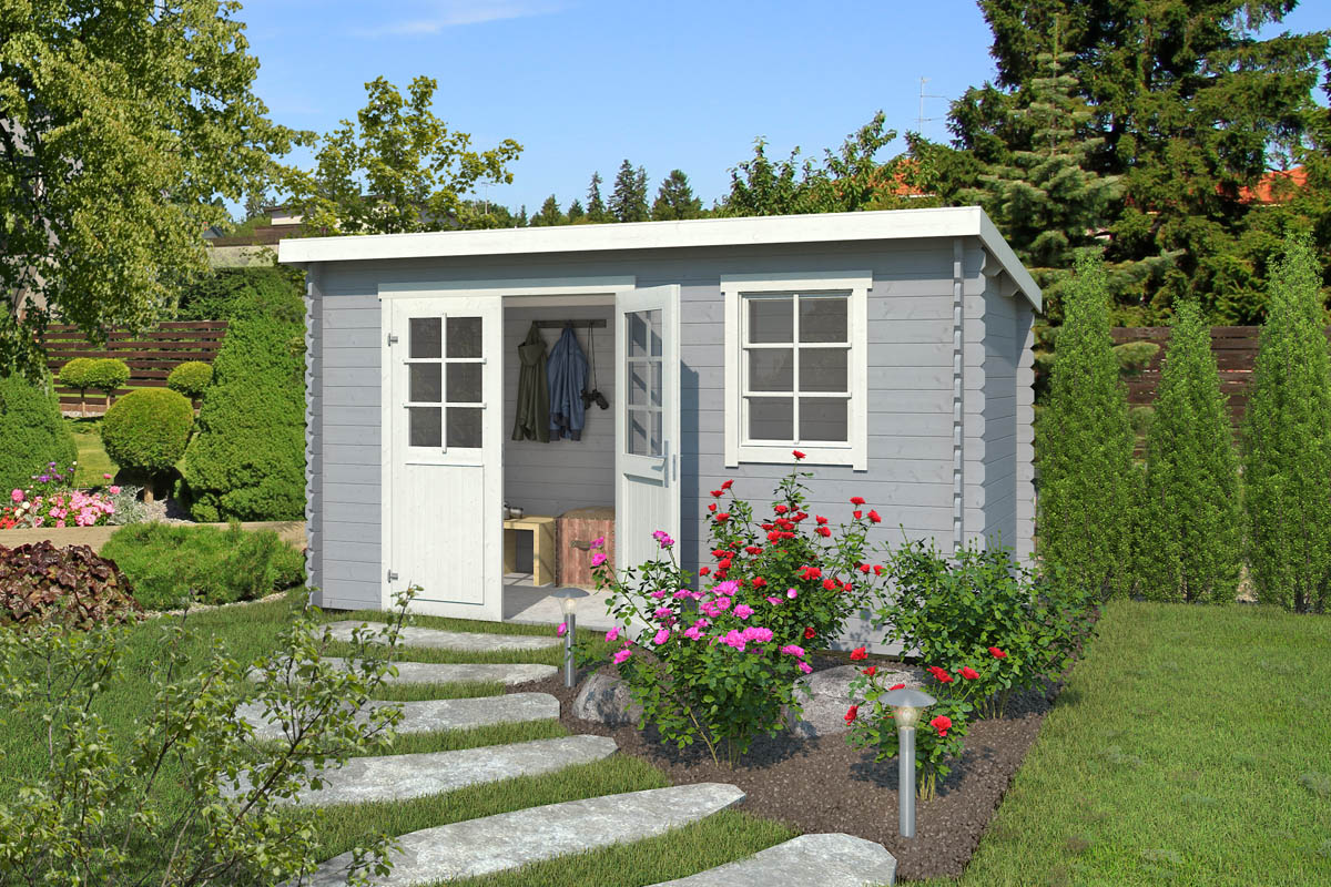Van Kooten Tuin en Buitenleven Outdoor Life Amira Blokhut 380x175 cm 28 mm vuren Platinum Grey-Wit gecoat- Lessenaarsdak- - Outdoor Life