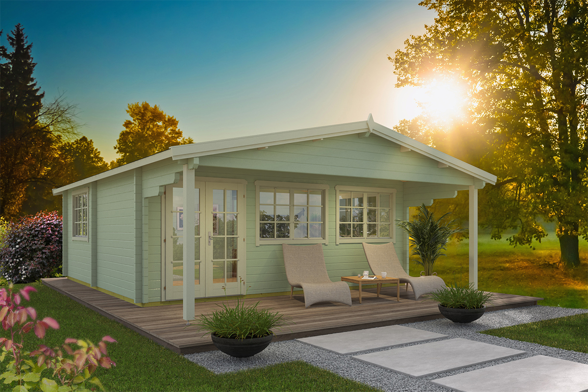 Van Kooten Tuin en Buitenleven Tuindeco Jackson blokhut 595x595 cm + overkapping 200 cm 70 mm vuren groen geïmpregneerd- Zadeldak- Onbehandeld vurenhout- Tuindeco