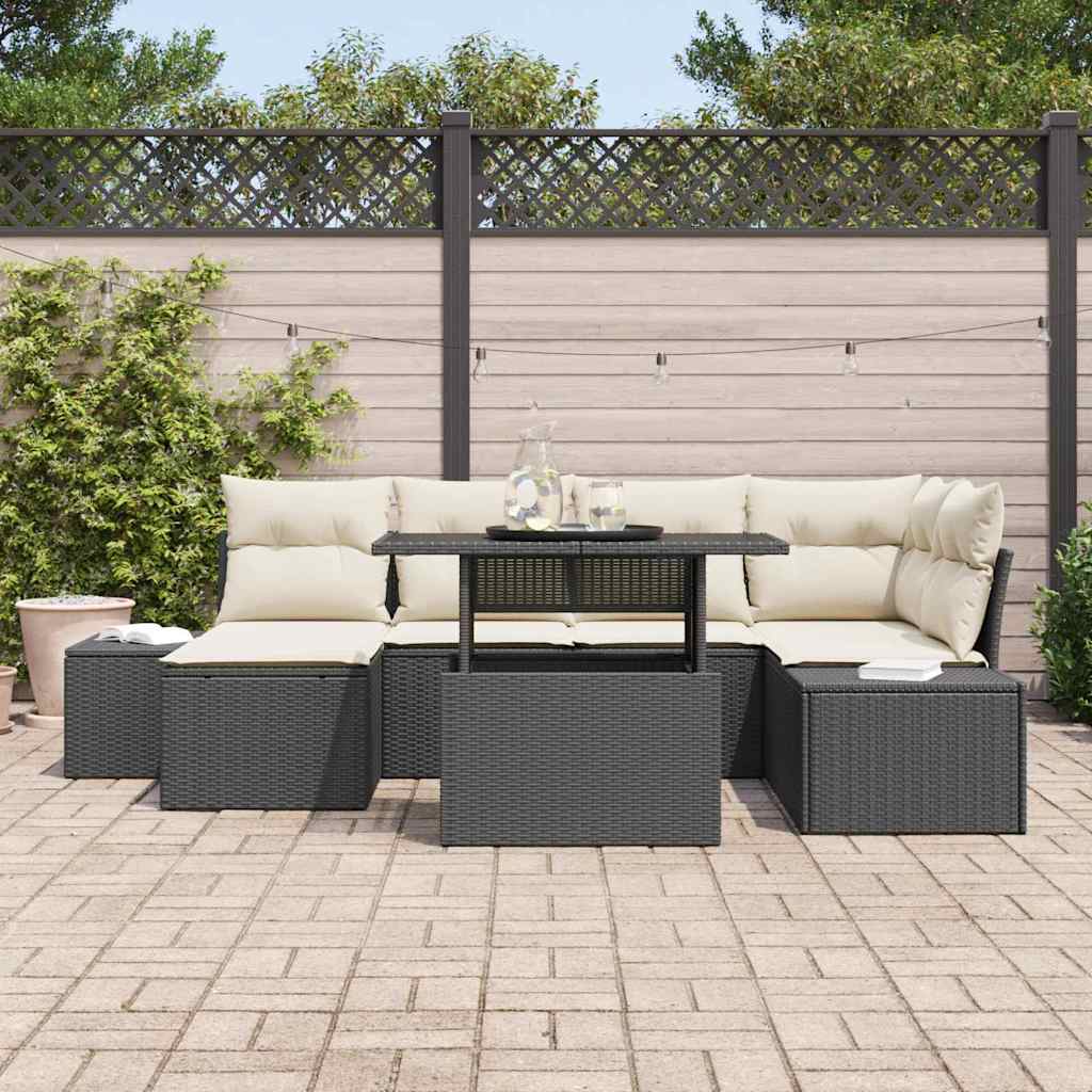 vidaXL Tuin Sofa Set met kussen 7 pcs Zwart en crème