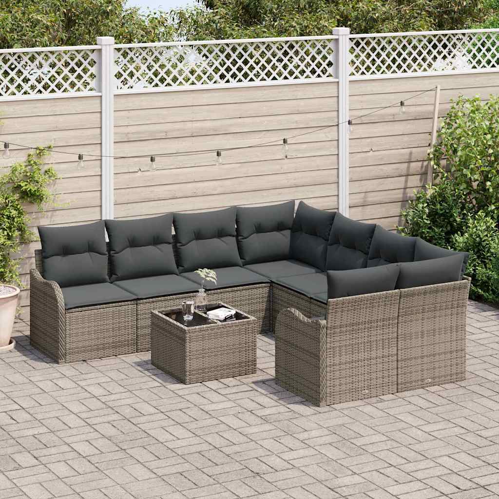 vidaXL Tuin Sofa Set met kussen 9 pcs Grijs Poly Riet en Staal en Glas