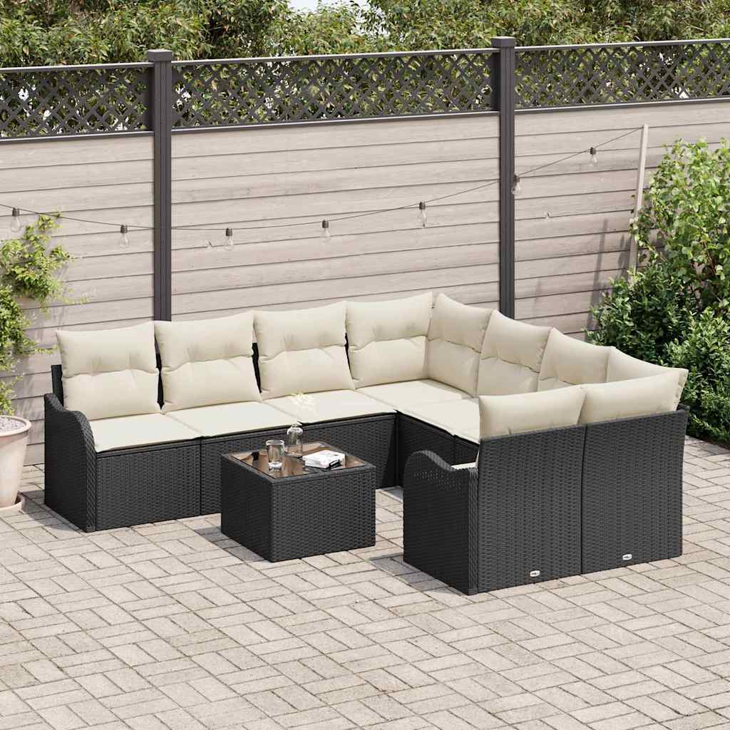 vidaXL Tuin Sofa Set 9 pcs Zwart en Crème Poly Riet en Staal en Glas