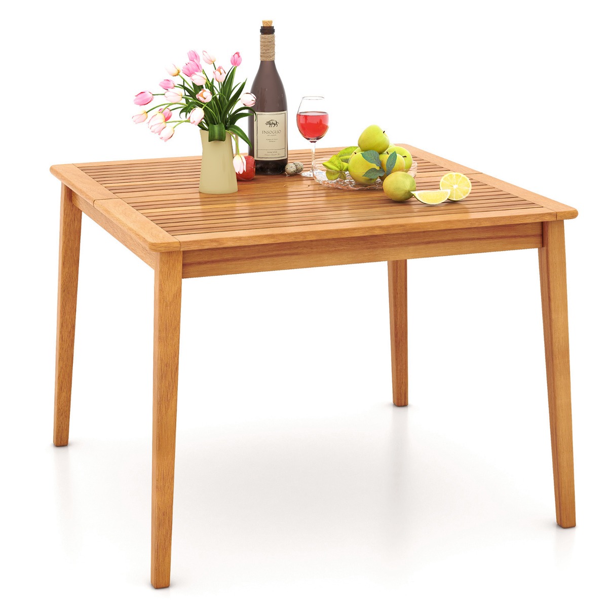 Costway Acaciahouten Tuintafel voor 4 Personen 100 x 100 cm Vierkante Eettafel voor Buiten met 5 cm Parasolgat voor Tuinterras Natuurlijk
