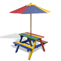 Kinderpicknicktafel- en banken met parasol in vier kleuren
