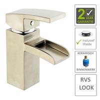 Boss&wessing BWS Wastafelmengkraan Square met waterval en Clickwaste Geborsteld staal