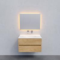 Zaro Sevilla Solid Surface badkamermeubel 80cm licht eiken zonder kraangat met 2 lades
