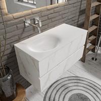 zaro Sevilla Solid Surface badmeubel 100cm wit marmer zonder kraangat spoelbak links met 2 lades
