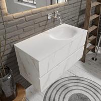 zaro Sevilla Solid Surface badmeubel 100cm wit marmer zonder kraangat spoelbak rechts met 2 lades
