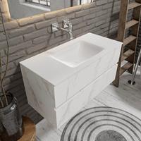 zaro Valencia Solid Surface badmeubel 100cm wit marmer zonder kraangat spoelbak midden met 2 lades