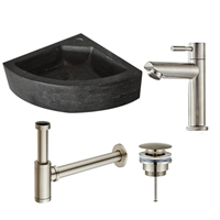 lambinidesigns Corner natuursteen fonteinset met RVS kraan en toebehoren