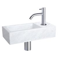 Fonteinset Differnz Helios Rechthoek 37.5x18.5x9.5cm Mineraalmarmer Wit Gebogen Toiletkraan Clickwaste Sifon Chroom