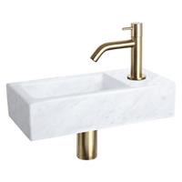 Fonteinset Differnz Helios Rechthoek 37.5x18.5x9.5cm Mineraalmarmer Wit Gebogen Toiletkraan Clickwaste Sifon Geborsteld Goud