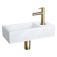 Fonteinset Differnz Helios Rechthoek 37.5x18.5x9.5cm Mineraalmarmer Wit Rechte Toiletkraan Clickwaste Sifon Geborsteld Goud