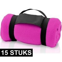 15x Fleece dekens/plaids roze met afneembaar handvat 160 x 130 c Roze