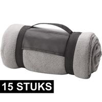 15x Fleece dekens/plaids grijs afneembaar handvat 160 x 130 cm Grijs