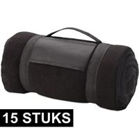 15x Fleece dekens/plaids zwart afneembaar handvat 160 x 130 cm Zwart