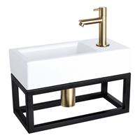 Douche Concurrent Fonteinset Differnz Ravo Rechthoek 38.5x18.5x24.5cm Keramiek Wit Handdoekrek Rechte Toiletkraan Clickwaste Sifon Geborsteld Goud