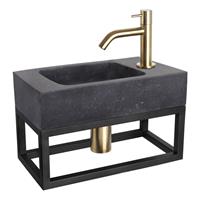 Douche Concurrent Fonteinset Differnz Force Rechthoek 40x22.5x24.5cm Bombai Natuursteen Zwart Handdoekrek Gebogen Toiletkraan Clickwaste Sifon Geborsteld Goud