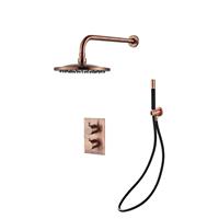 Boss & Wessing Inbouw Regendouche Set  Copper Pro Wanduitloop en Staaf Handdouche Geborsteld Koper 20 cm 