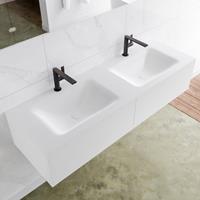 Mondiaz LAGOM 140cm badmeubel solid surface talc 2 lades Wastafel cloud dubbel 2 kraangaten M64147TAM2M35203D