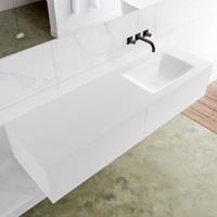 Mondiaz LAGOM 150cm badmeubel solid surface talc 2 lades Wastafel cloud rechts zonder kraangat M64150TAM0M35218R