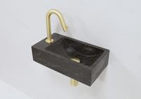 lambinidesigns Lambini Designs Recto links natuursteen fonteinset met gouden gebogen fonteinkraan en toebehoren