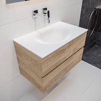 mondiaz Vica 80cm badmeubel washed oak 2 lades wastafel Moon midden geen kraangat