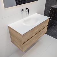 mondiaz Vica 100cm badmeubel washed oak 2 lades wastafel Moon midden geen kraangat