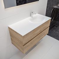 mondiaz Vica 100cm badmeubel washed oak 2 lades wastafel Moon rechts 1 kraangat