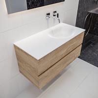 mondiaz Vica 100cm badmeubel washed oak 2 lades wastafel Moon rechts geen kraangat