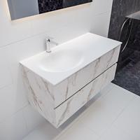mondiaz Vica 100cm badmeubel carrara 2 lades wastafel Moon links met 1 kraangat