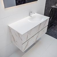 mondiaz Vica 100cm badmeubel carrara 2 lades wastafel Moon rechts met 1 kraangat
