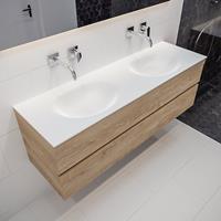 mondiaz Vica 150cm badmeubel washed oak 2 lades wastafel Moon dubbel geen kraangat