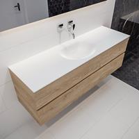 mondiaz Vica 150cm badmeubel washed oak 2 lades wastafel Moon midden geen kraangat
