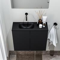 zaro Polly toiletmeubel 60cm mat zwart met zwarte wastafel zonder kraangat links