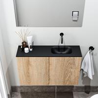 zaro Polly toiletmeubel 80cm eiken met zwarte wastafel zonder kraangat rechts