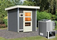Karibu | Torge Buitensauna Terragrijs | Moderne Deur | Biokachel 9 kW Externe Bediening