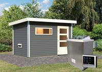 Saunahaus SKROLLAN 1 3,37 x 1,96 cm mit Vorraum terragrau  9.0 kW Ofen ext. Steuerung 17097
