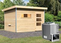 Saunahaus SKROLLAN 2 3,37 x 2,31 cm mit Vorraum  9.0 kW Bio-Kombiofen ext. Steuerung ISO-Glas Klarglas 86295