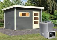 Karibu Saunahaus SKROLLAN 2 3,37 x 2,31 cm mit Vorraum terragrau  9.0 kW Ofen ext. Steuerung 86297