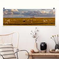 Klebefieber Panorama Poster Tiere Nordsee Leuchtturm mit Schafsherde