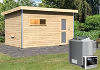 Karibu Saunahaus SKROLLAN 3 3,93 x 2,31 cm mit Vorraum  9.0 kW Bio-Kombiofen ext. Steuerung ISO-Glas Milchglas 86307