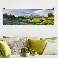 Klebefieber Panorama Poster Natur & Landschaft Bergwiese mit Blumen vor Mt. Rainier