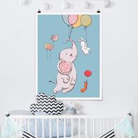 Poster Kinderzimmer Elefant, Hase und Eichhörnchen fliegen