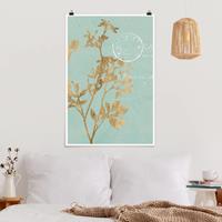 Klebefieber Poster Blumen Goldene Blätter auf Turquoise I