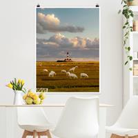 Klebefieber Poster Tiere Nordsee Leuchtturm mit Schafsherde