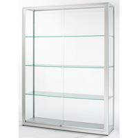 Staande vitrine, hoogte 2000 mm, 2 schuifdeuren, b x d = 1500 x 400 mm, zilverkleurig geanodiseerd
