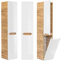 lomadox Badmöbel Hochschrank mit Wäschekorb LUTON-56 Wotaneiche mit Hochglanz weiß, B x H x T ca. 35 x 175 x 35cm - 
