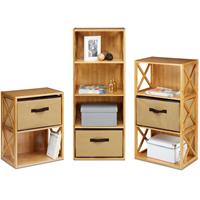 relaxdays 3er Set Regal Bambus mit Korb, 2, 3 und 4 Ablagen, Holz Standregal, Badregal, Faltbox, BxT: 42 x 29 cm, natur braun - 