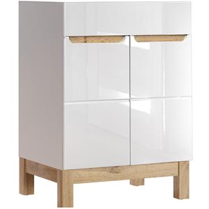 lomadox Waschtischunterschrank 60 cm SOLNA-56 Hochglanz weiß mit Wotaneiche, B x H x T ca. 60 x 85 x 45cm - 