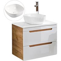 lomadox Waschtischunterschrank 60cm mit 40cm Keramik-Waschbecken LUTON-56 in Hochglanz weiß mit Wotaneiche, B/H/T ca. 61/76,5/48cm